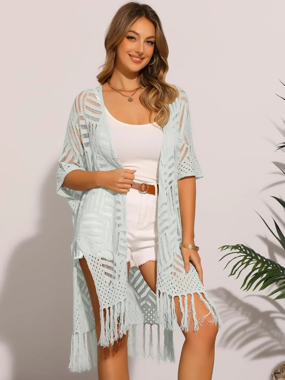 Allegra K Women's Summer Crochet Cardigan Short Sleeve Open Front Lightweight Boho Cover Up Cardigans