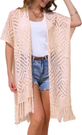 Allegra K Women's Summer Crochet Cardigan Short Sleeve Open Front Lightweight Boho Cover Up Cardigans