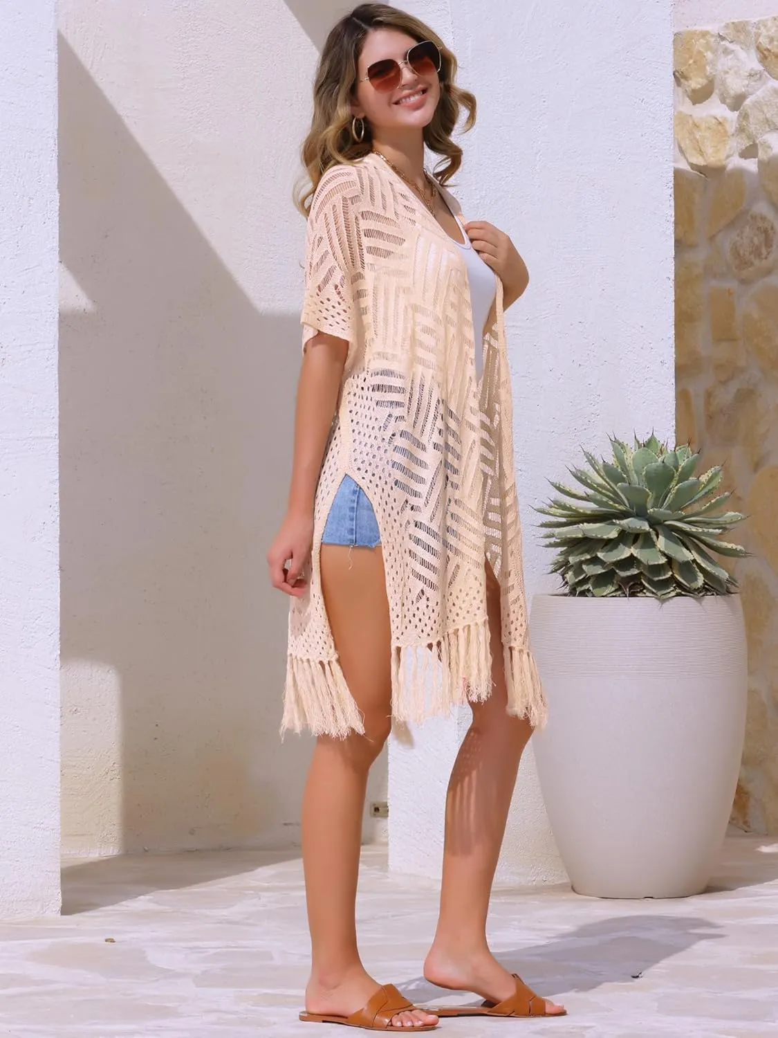 Allegra K Women's Summer Crochet Cardigan Short Sleeve Open Front Lightweight Boho Cover Up Cardigans