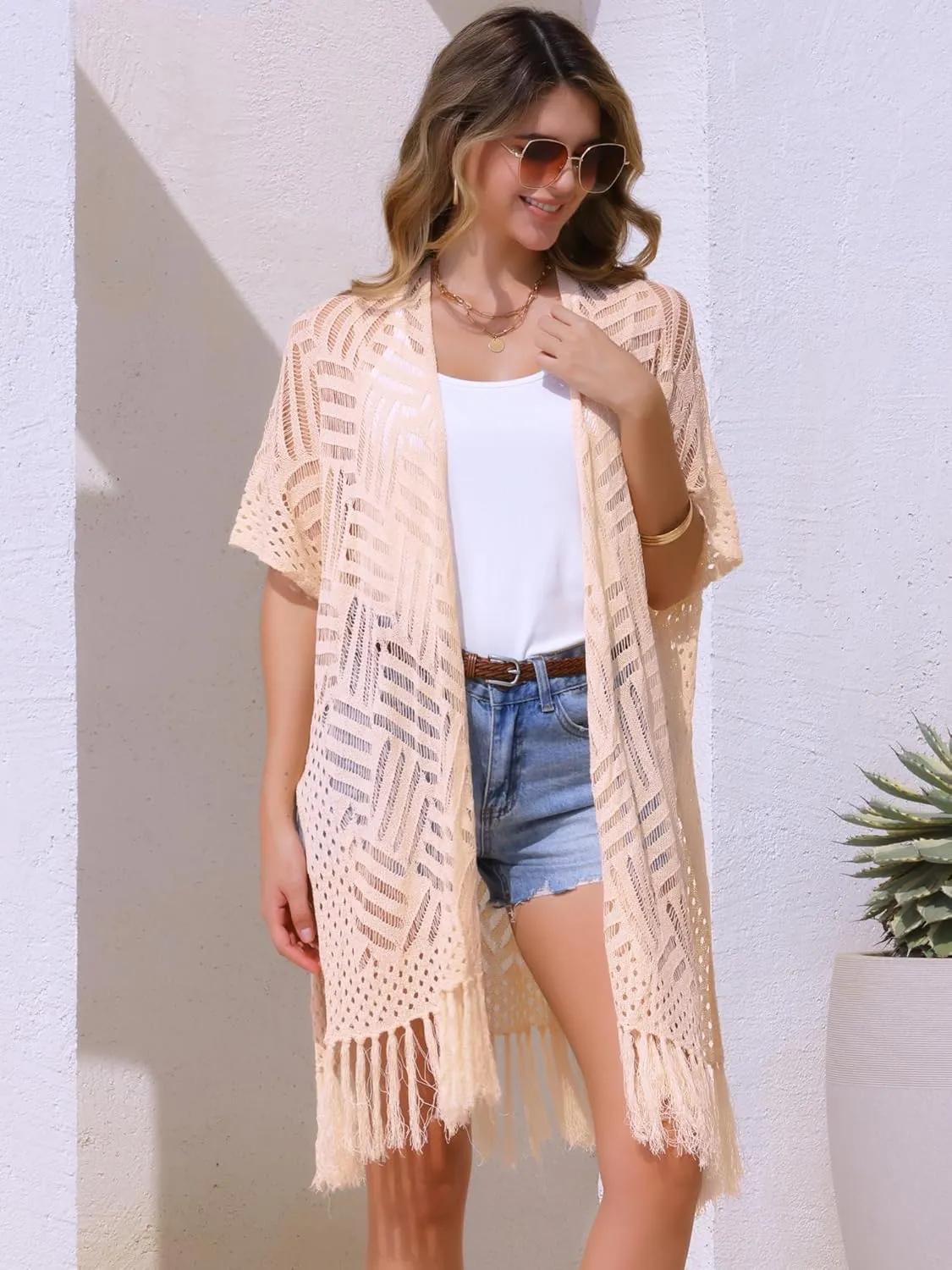 Allegra K Women's Summer Crochet Cardigan Short Sleeve Open Front Lightweight Boho Cover Up Cardigans