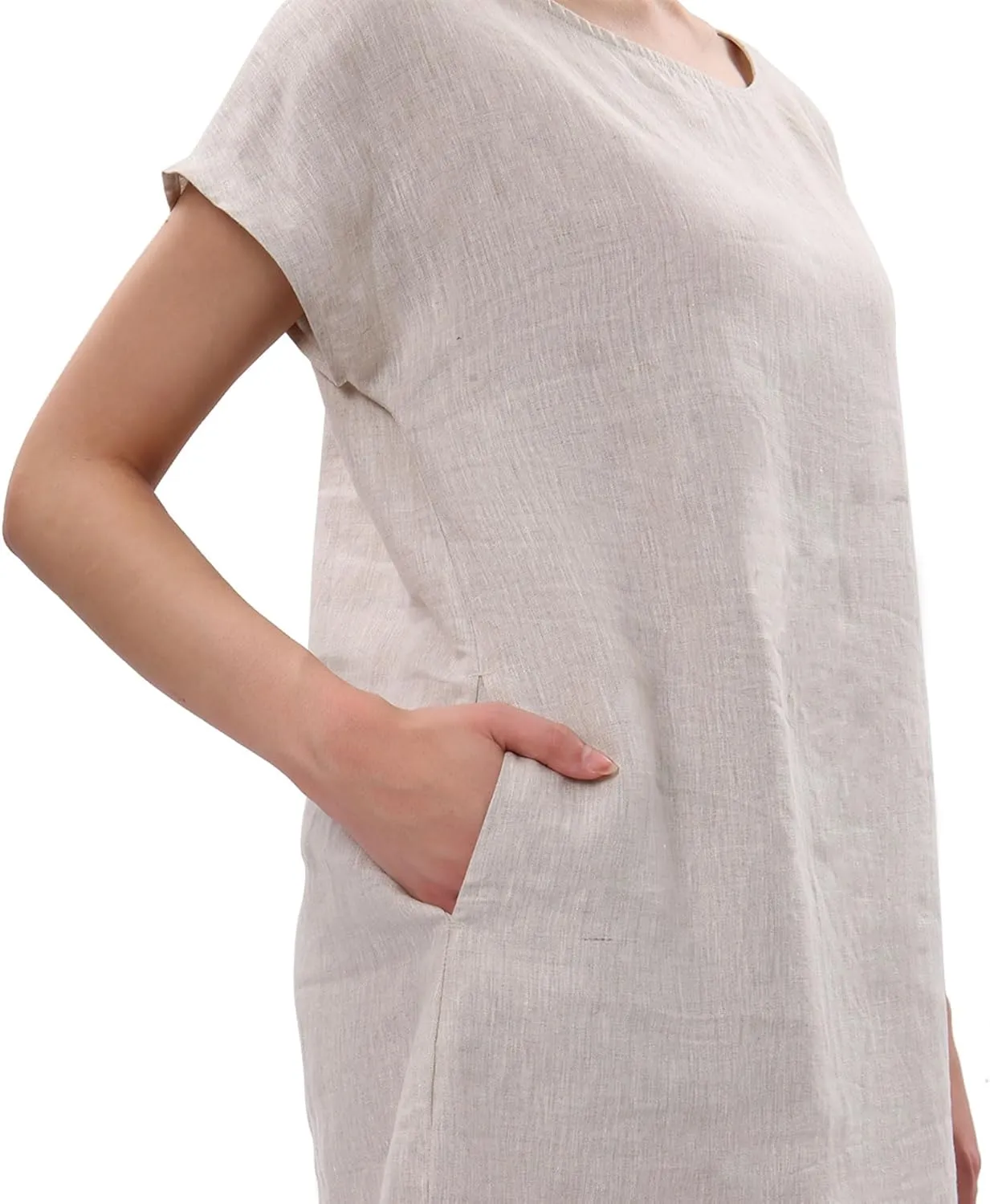 Amazhiyu Women's 100% Linen Summer Casual Crew Neck Midi Dresses with Pockets