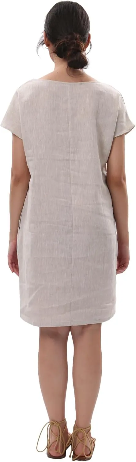 Amazhiyu Women's 100% Linen Summer Casual Crew Neck Midi Dresses with Pockets