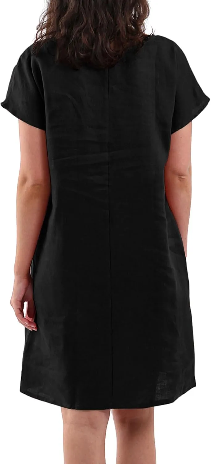 Amazhiyu Women's 100% Linen Summer Casual Crew Neck Midi Dresses with Pockets