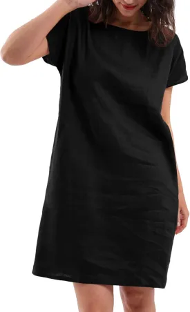 Amazhiyu Women's 100% Linen Summer Casual Crew Neck Midi Dresses with Pockets