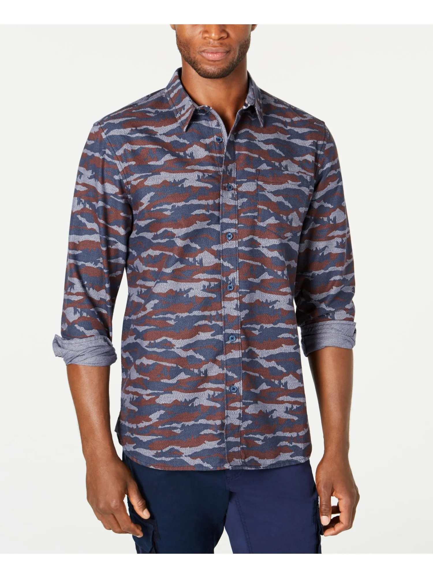AMERICAN RAG Mens Navy Printed Collared Classic Fit Woven Dress Shirt