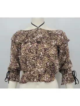 AMERICAN RAG Womens Beige Ruched Ruffled Animal Print 3/4 Sleeve Off Shoulder Blouse