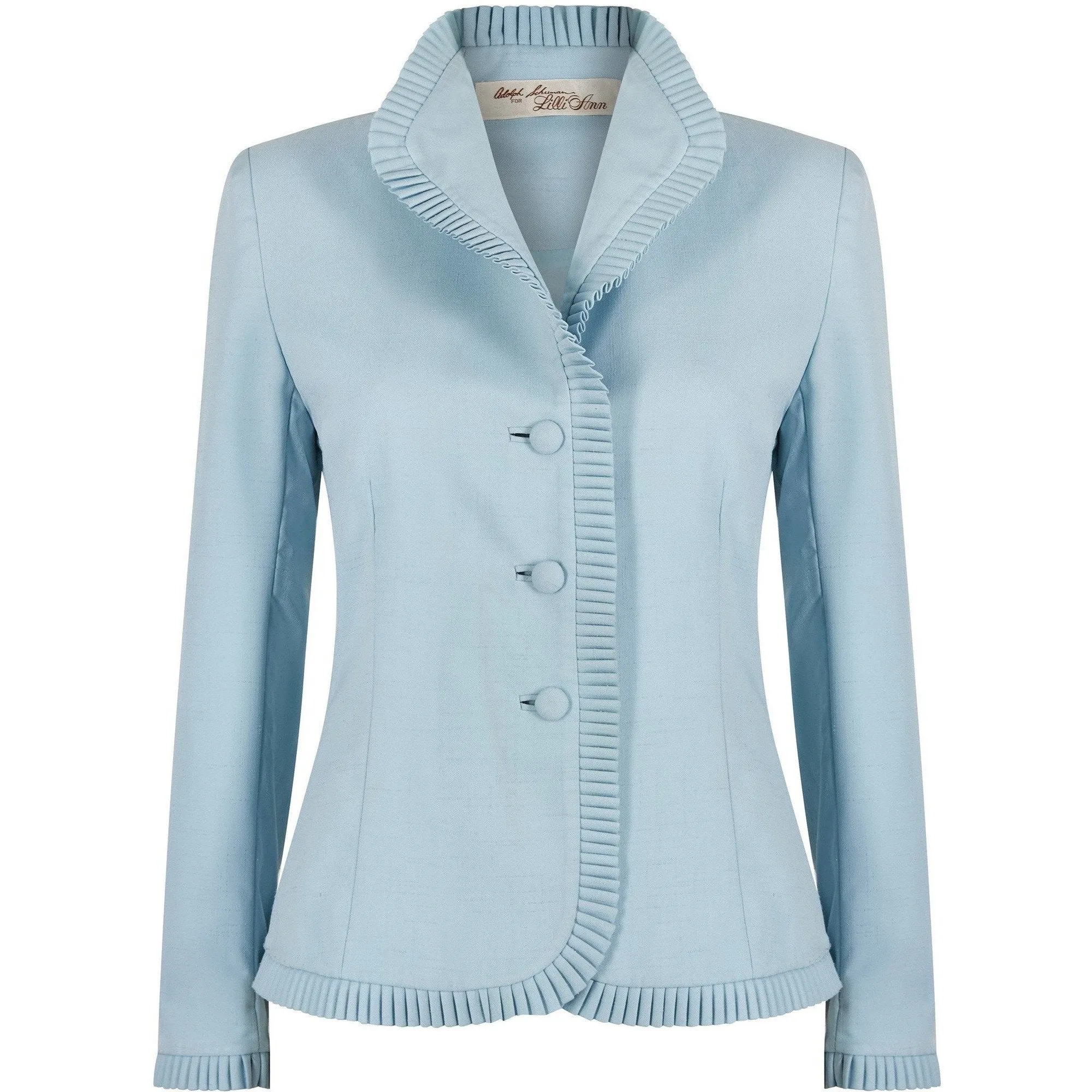 ARCHIVE - 1970s Lilli Ann By Adolph Schuman Eggshell Blue Skirt Suit With Ruffle Trim