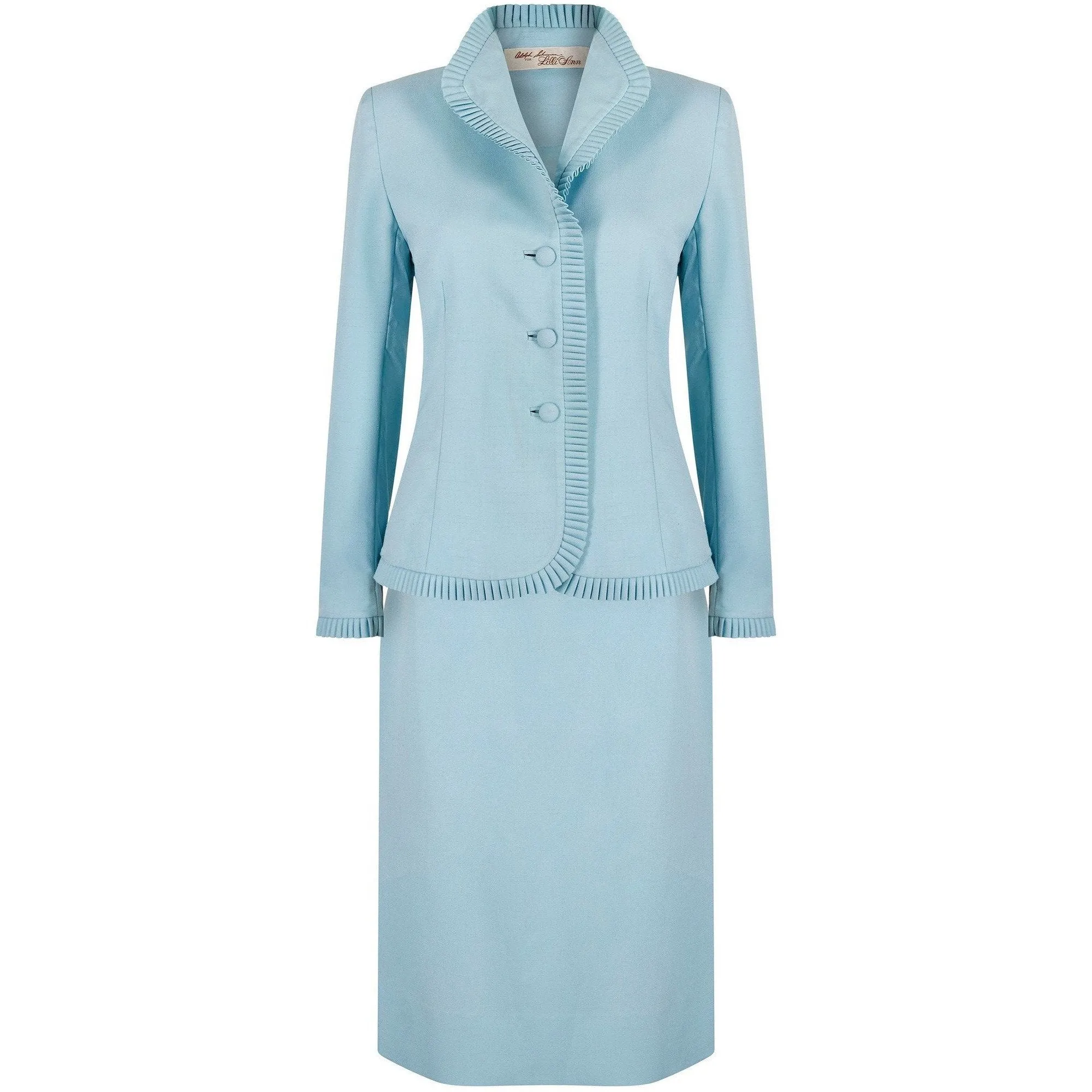 ARCHIVE - 1970s Lilli Ann By Adolph Schuman Eggshell Blue Skirt Suit With Ruffle Trim