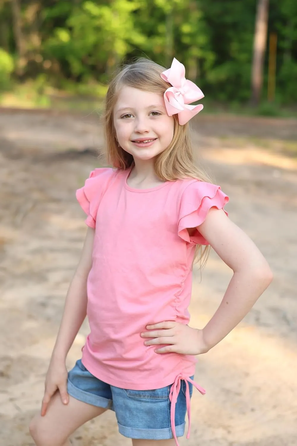 Arshiner Girls T Shirts Ruffle Short Sleeve Ruched Knot Side Tunic Blouse Summer Tee Tops