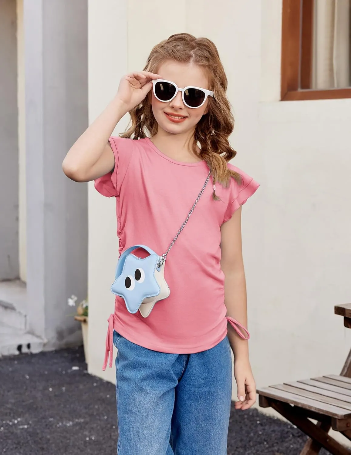 Arshiner Girls T Shirts Ruffle Short Sleeve Ruched Knot Side Tunic Blouse Summer Tee Tops