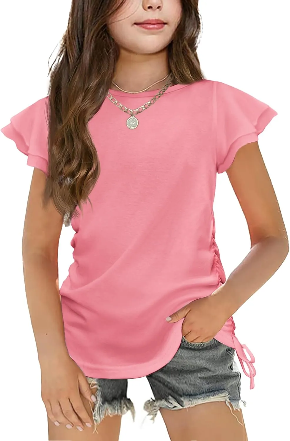 Arshiner Girls T Shirts Ruffle Short Sleeve Ruched Knot Side Tunic Blouse Summer Tee Tops