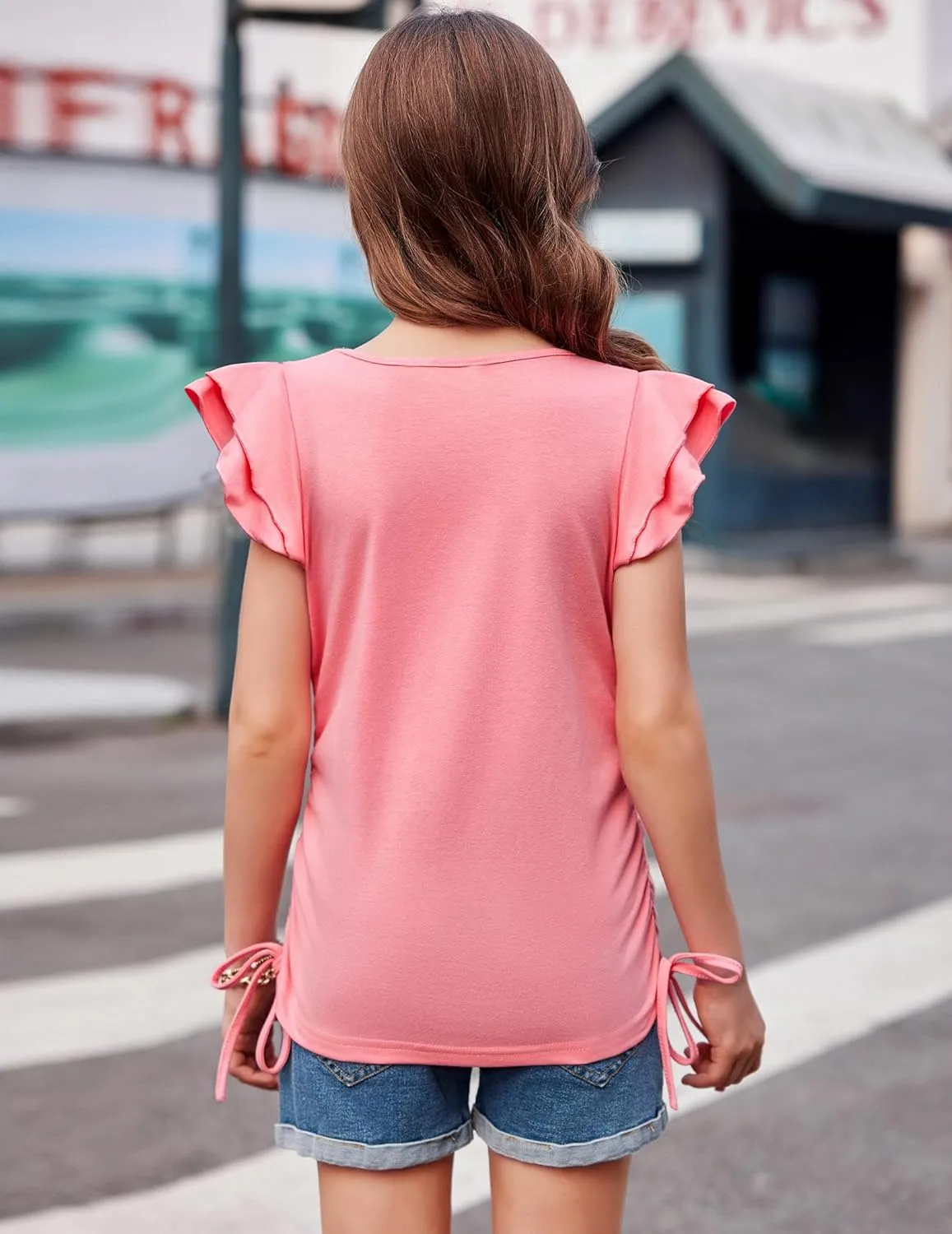 Arshiner Girls T Shirts Ruffle Short Sleeve Ruched Knot Side Tunic Blouse Summer Tee Tops