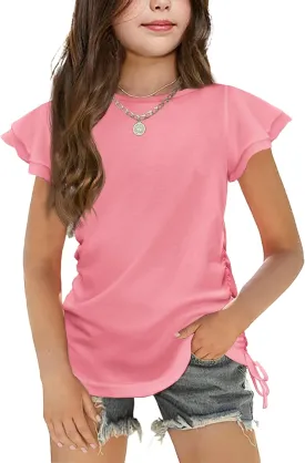 Arshiner Girls T Shirts Ruffle Short Sleeve Ruched Knot Side Tunic Blouse Summer Tee Tops