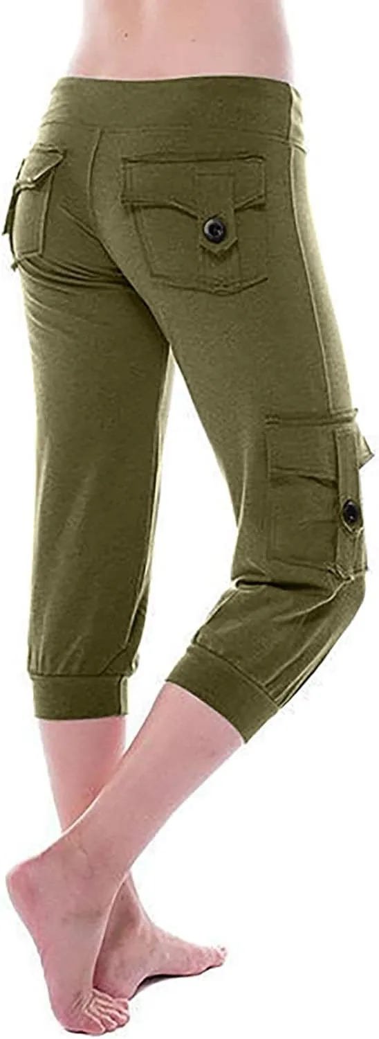 Cargo Capris for Women with Multi-Pocket Summer Mid Rise Lightweight Jogger Pants Stretchy Tactical Tavel Hiking Pant