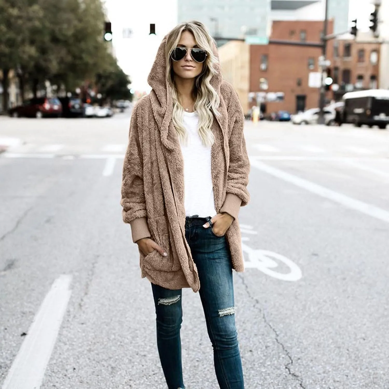 ChicCrate Womens Jacket Warm Fleece Teddy Fuzzy Wool Biker Fur Jackets Coats Loose Sherpa Outerwear Cardigan