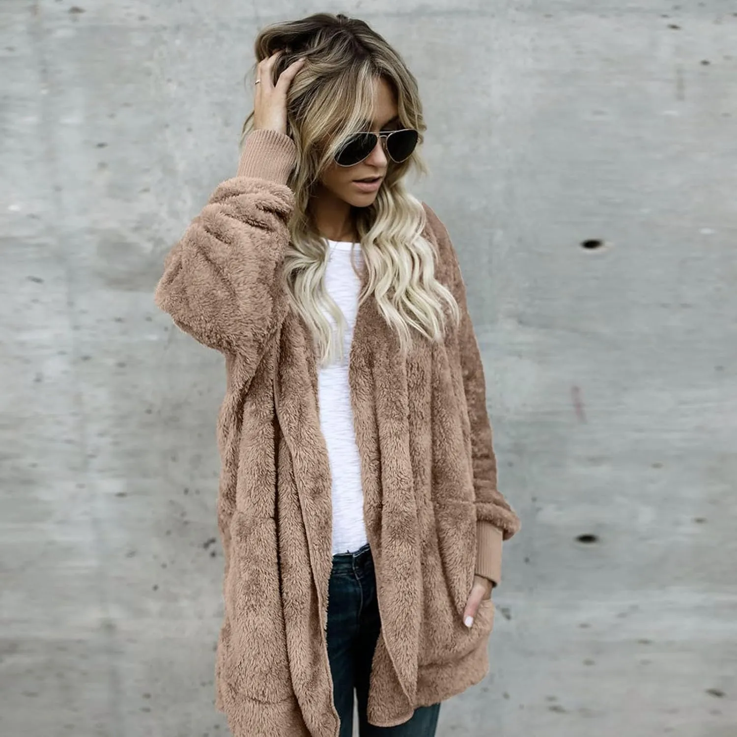 ChicCrate Womens Jacket Warm Fleece Teddy Fuzzy Wool Biker Fur Jackets Coats Loose Sherpa Outerwear Cardigan