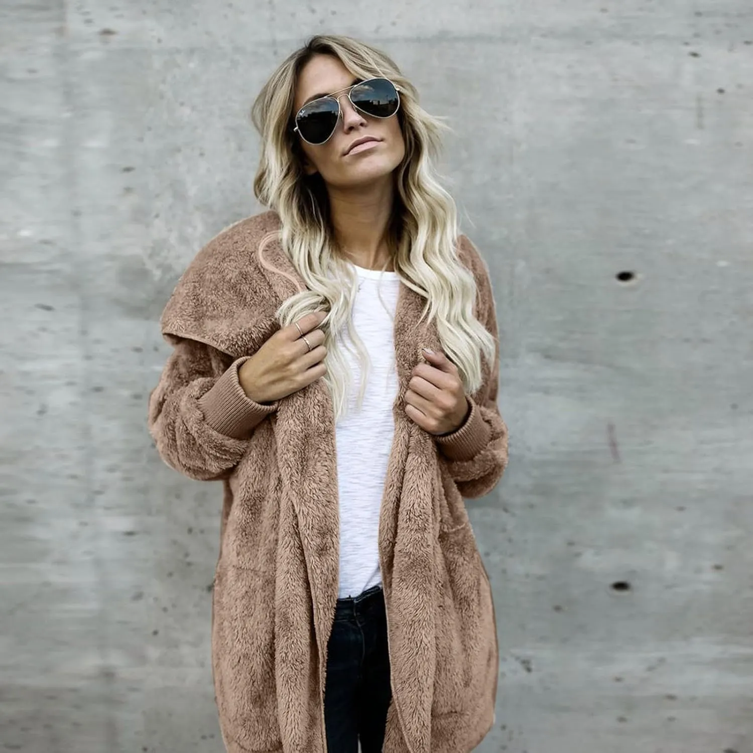 ChicCrate Womens Jacket Warm Fleece Teddy Fuzzy Wool Biker Fur Jackets Coats Loose Sherpa Outerwear Cardigan