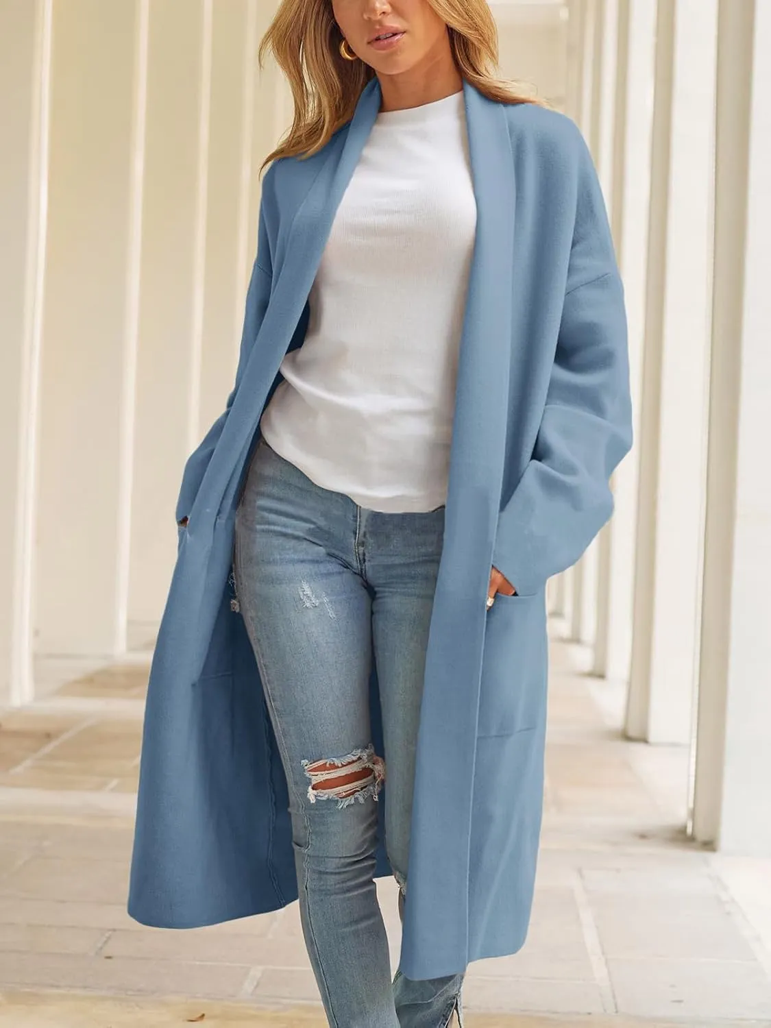 chouyatou Women's Lightweight Wool Coat Open Front Casual Wool Coatigan Coats with Pockets