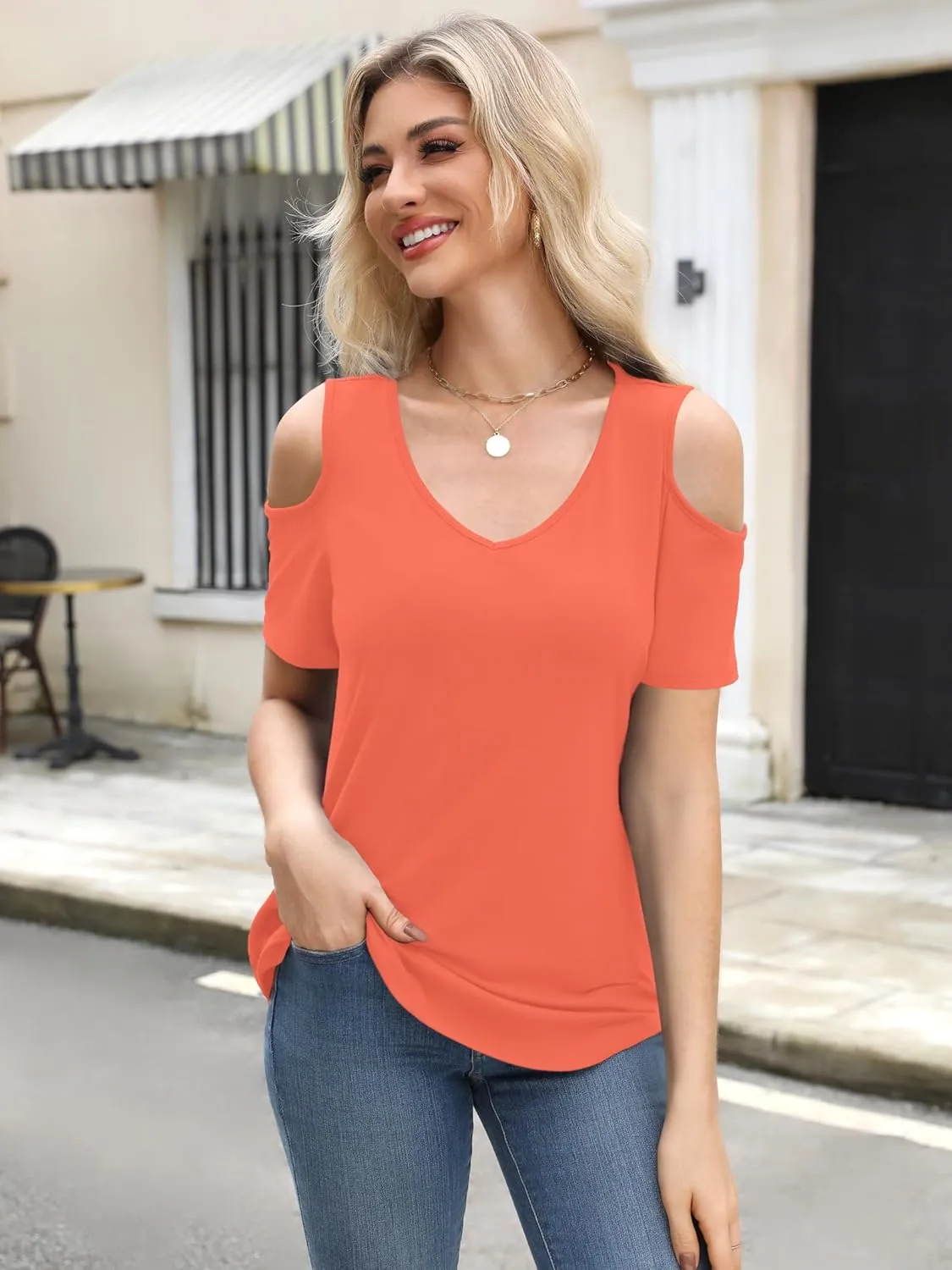 Elesomo Womens V Neck Cold Shoulder Tops Short/Long Sleeve Summer T Shirts Basic Tees