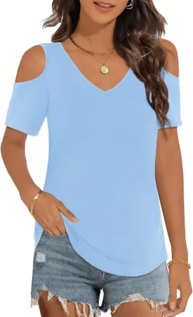 Elesomo Womens V Neck Cold Shoulder Tops Short/Long Sleeve Summer T Shirts Basic Tees