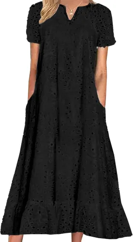 Eyelet Dress for Women Ruffle Notch Neck Tunic Lace Dress Summer Ruffle Hem Floral Midi Dresses
