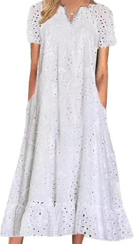 Eyelet Dress for Women Ruffle Notch Neck Tunic Lace Dress Summer Ruffle Hem Floral Midi Dresses