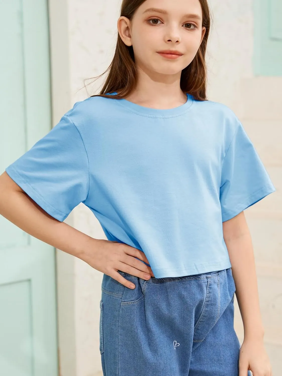 Girls Summer Crop Tops Kids Fashion Oversized Crew Neck Cropped Short Sleeve T Shirts Basic Tees Size 5-14 Years
