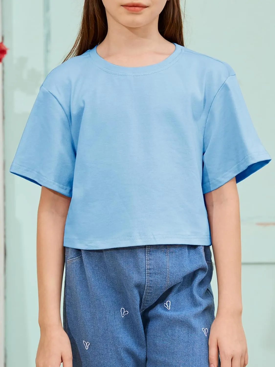 Girls Summer Crop Tops Kids Fashion Oversized Crew Neck Cropped Short Sleeve T Shirts Basic Tees Size 5-14 Years