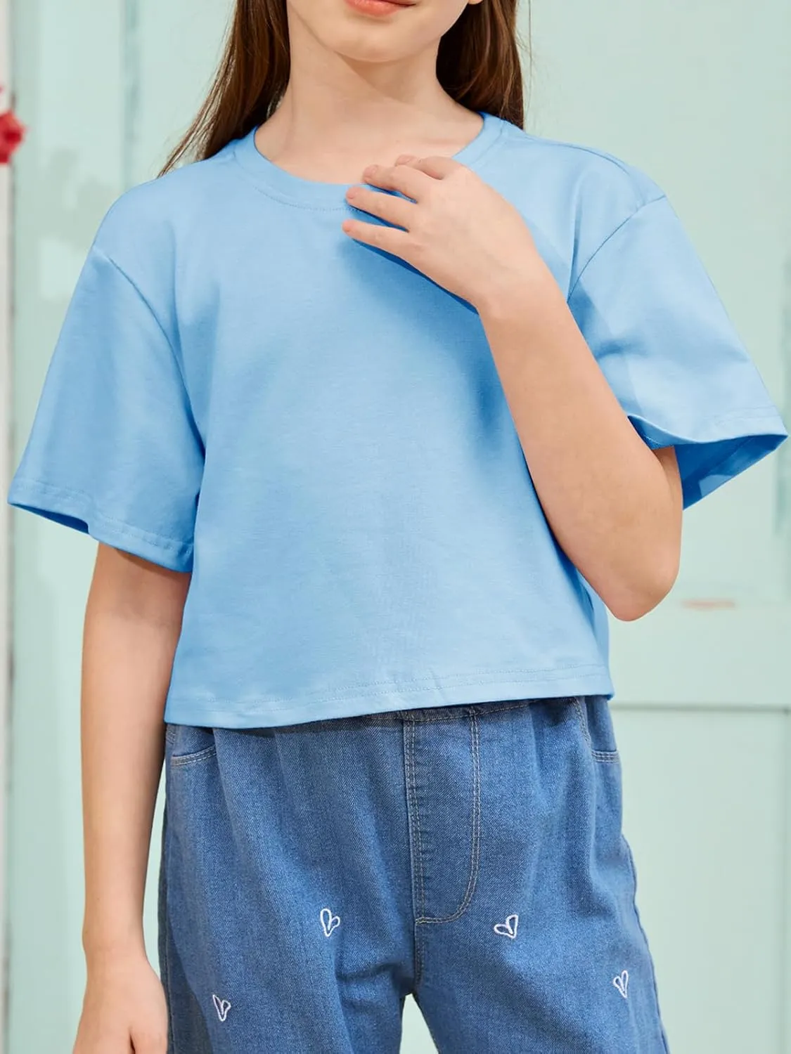 Girls Summer Crop Tops Kids Fashion Oversized Crew Neck Cropped Short Sleeve T Shirts Basic Tees Size 5-14 Years