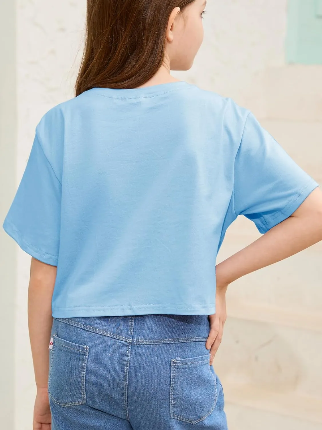Girls Summer Crop Tops Kids Fashion Oversized Crew Neck Cropped Short Sleeve T Shirts Basic Tees Size 5-14 Years