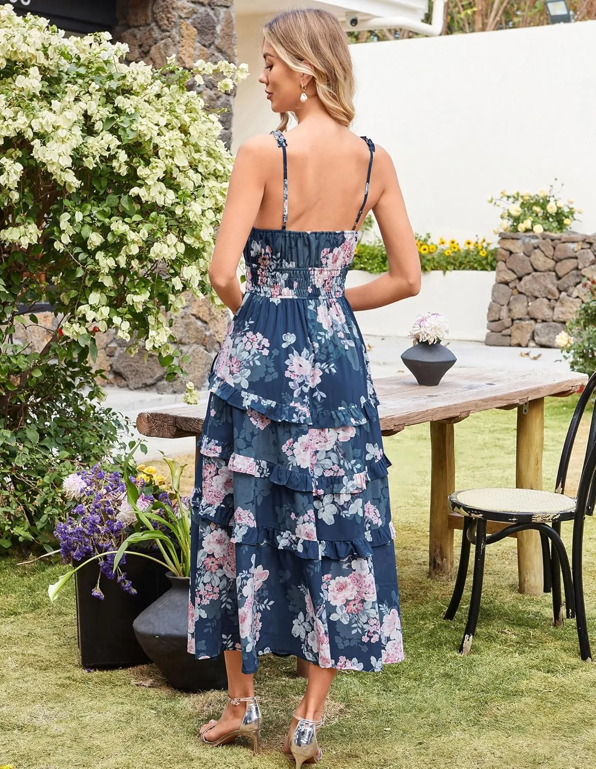 GRACE KARIN Women's Floral Summer Wedding Guest Dresses 2025 Trendy Long Flowy Smocked Tiered Maxi Dress