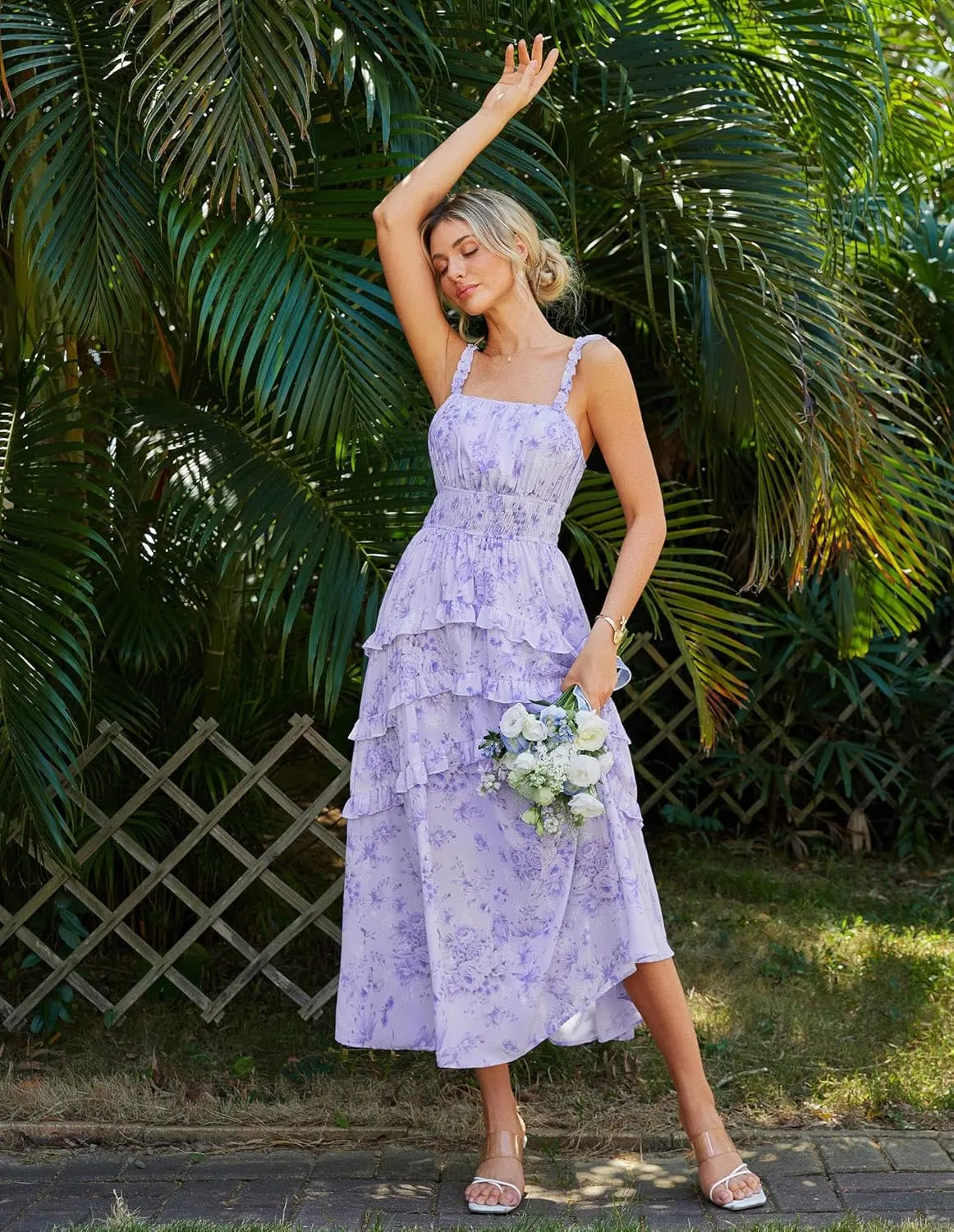 GRACE KARIN Women's Floral Summer Wedding Guest Dresses 2025 Trendy Long Flowy Smocked Tiered Maxi Dress