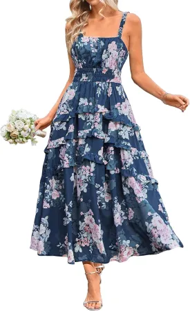 GRACE KARIN Women's Floral Summer Wedding Guest Dresses 2025 Trendy Long Flowy Smocked Tiered Maxi Dress