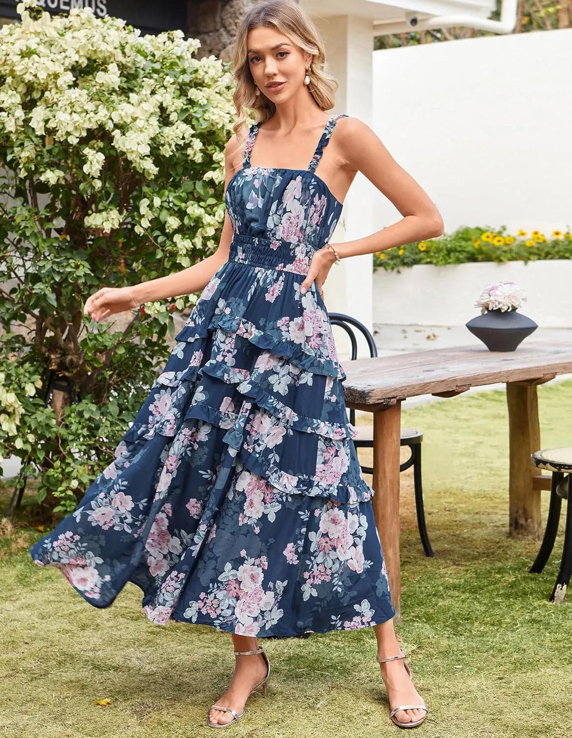 GRACE KARIN Women's Floral Summer Wedding Guest Dresses 2025 Trendy Long Flowy Smocked Tiered Maxi Dress