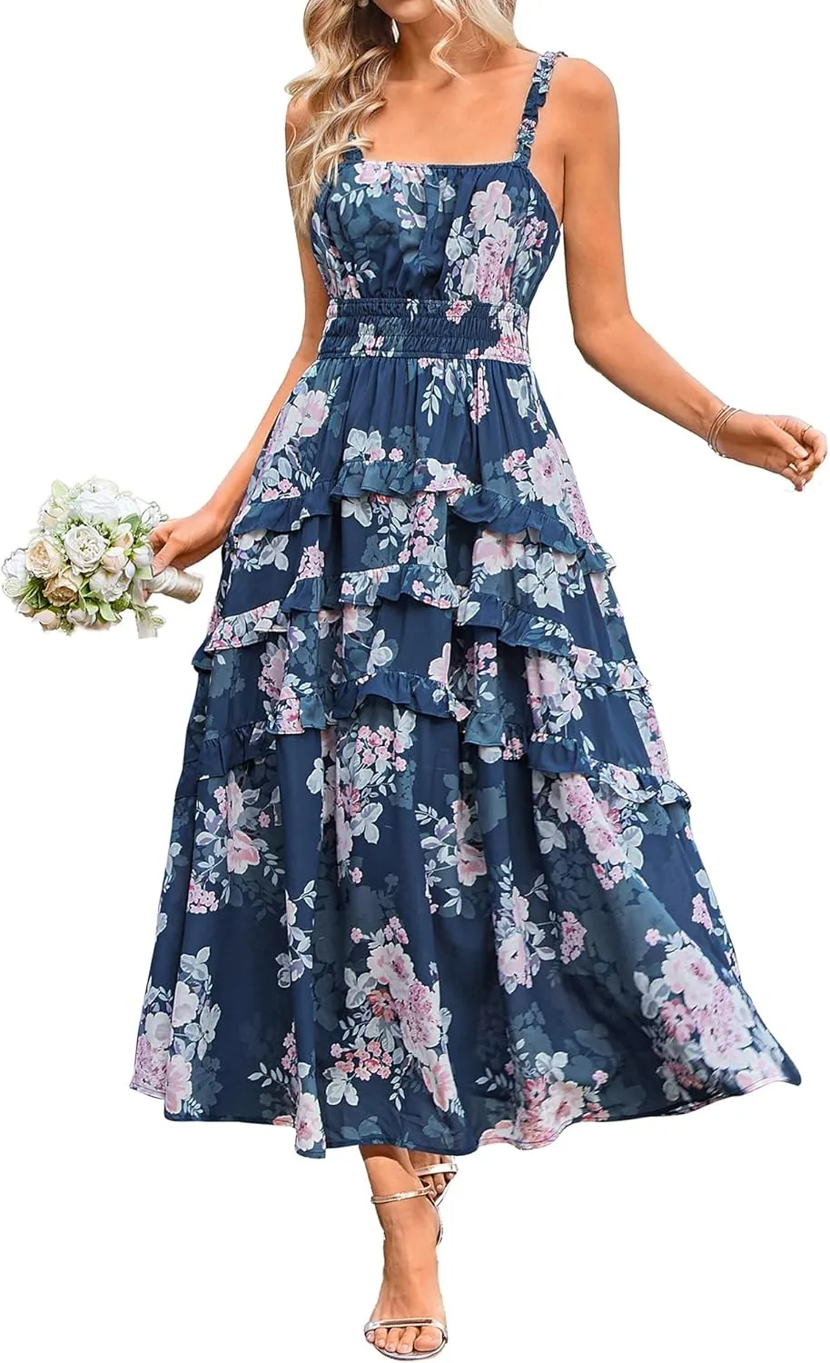 GRACE KARIN Women's Floral Summer Wedding Guest Dresses 2025 Trendy Long Flowy Smocked Tiered Maxi Dress