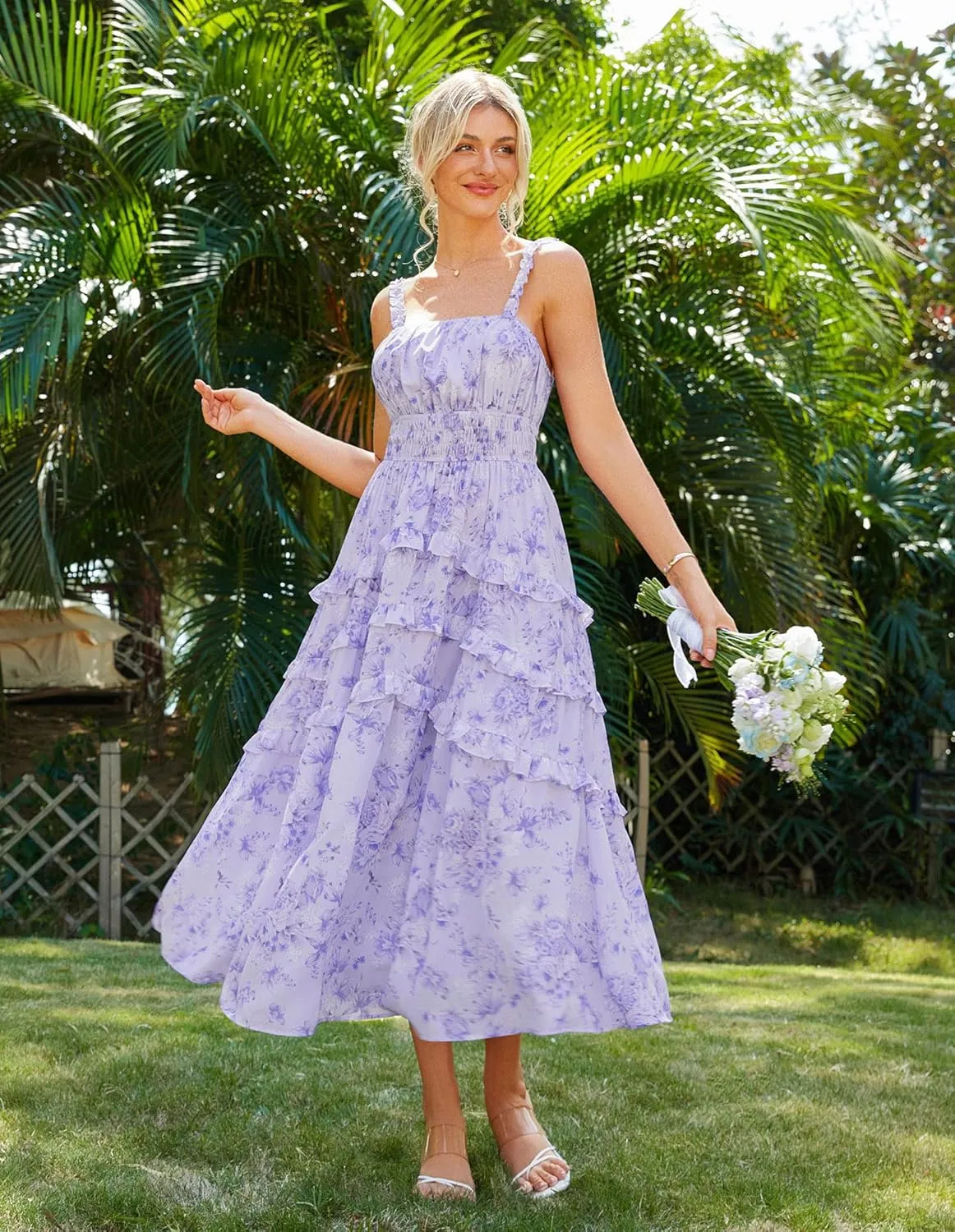 GRACE KARIN Women's Floral Summer Wedding Guest Dresses 2025 Trendy Long Flowy Smocked Tiered Maxi Dress