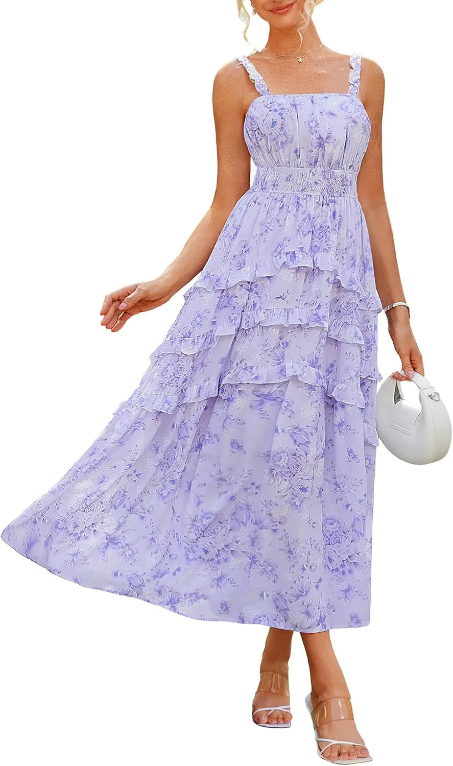 GRACE KARIN Women's Floral Summer Wedding Guest Dresses 2025 Trendy Long Flowy Smocked Tiered Maxi Dress