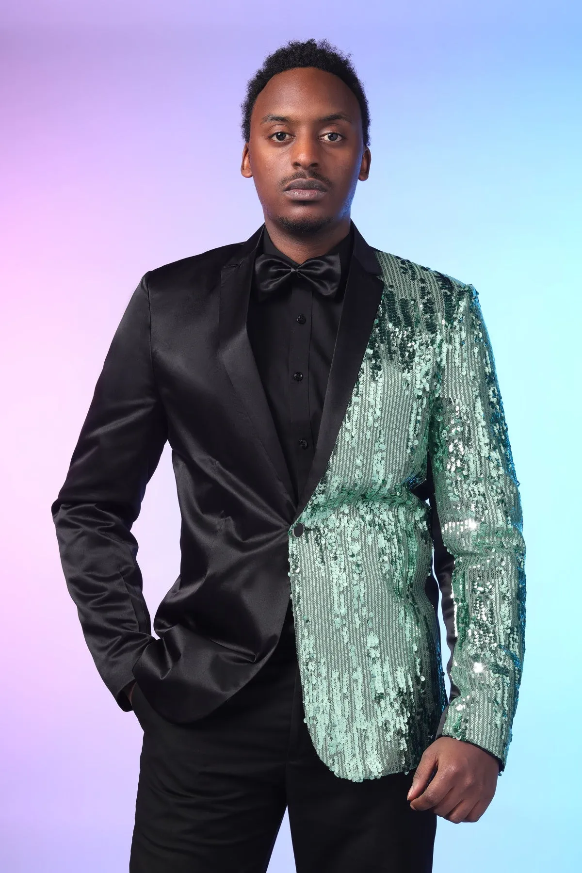 Green Slim Fit Notch Lapel Half-Sequin Blazer