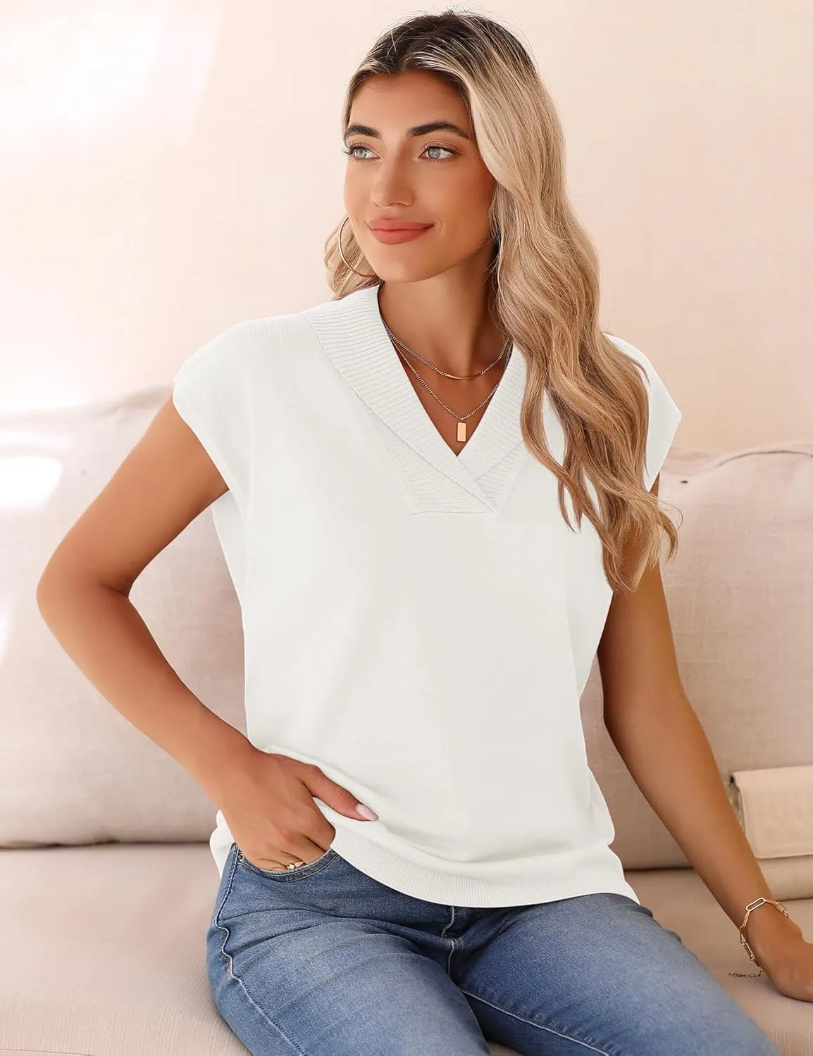 Ivicoer Sweater Vest Women V-Neck Knitted Pullover Short Cap Sleeve Collared Tops Dressy Casual 2025 Summer Fashion Trendy