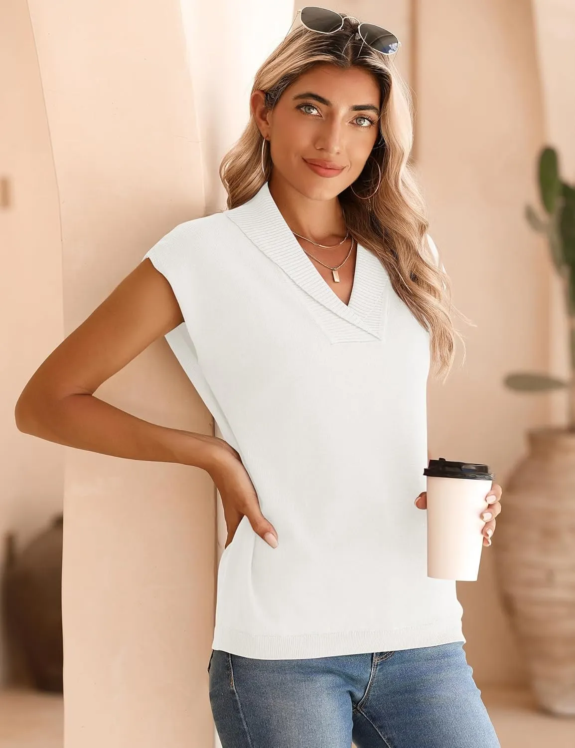 Ivicoer Sweater Vest Women V-Neck Knitted Pullover Short Cap Sleeve Collared Tops Dressy Casual 2025 Summer Fashion Trendy