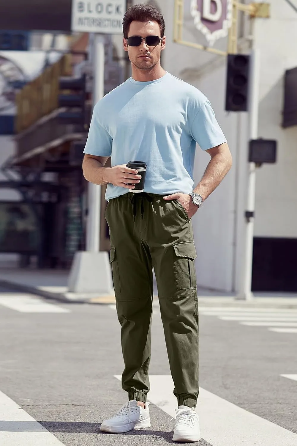JMIERR Mens Fashion Cargo Pants - Casual Cotton Tapered Stretch Twill Drawstring Athletic Joggers Sweatpants with 6 Pockets