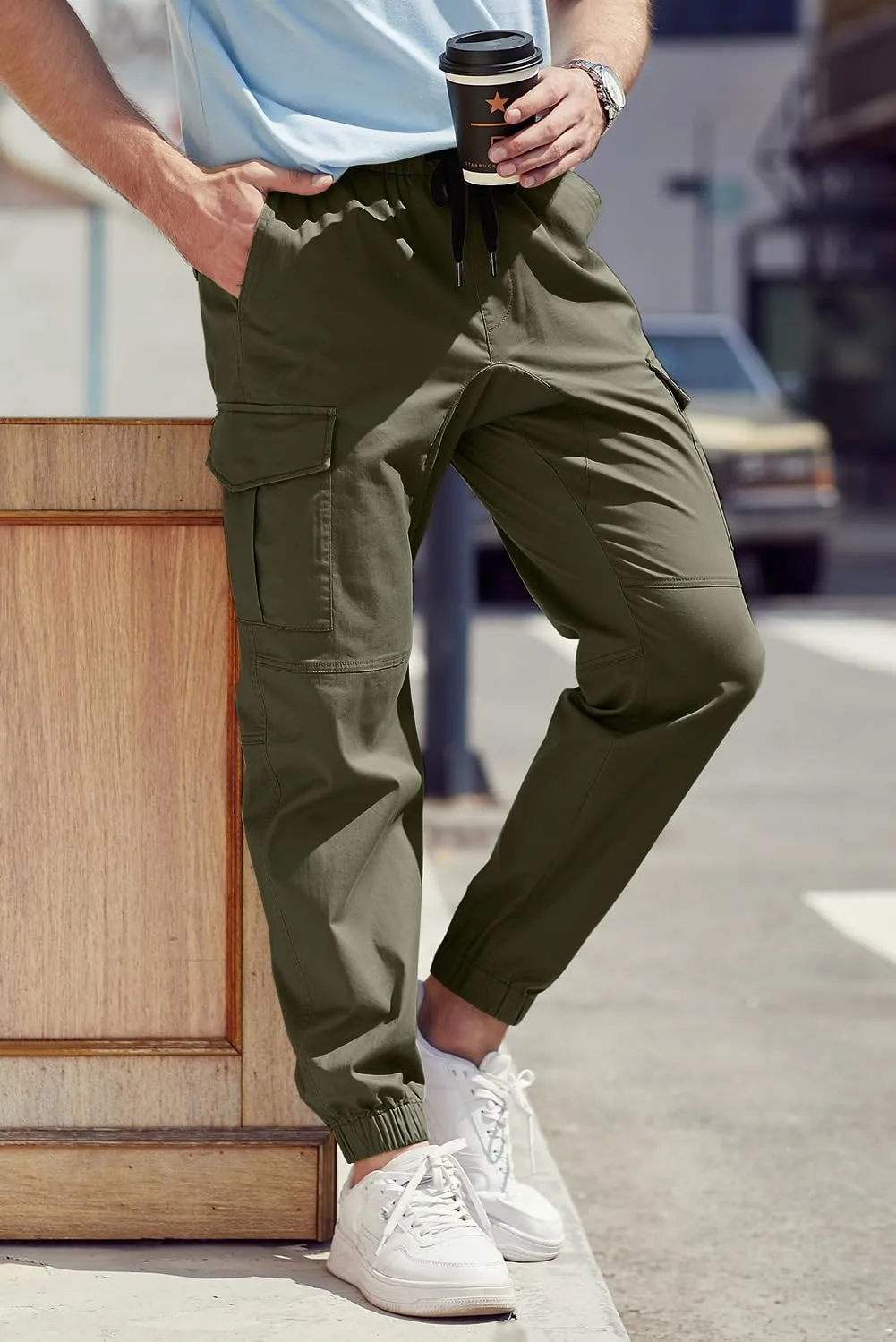 JMIERR Mens Fashion Cargo Pants - Casual Cotton Tapered Stretch Twill Drawstring Athletic Joggers Sweatpants with 6 Pockets