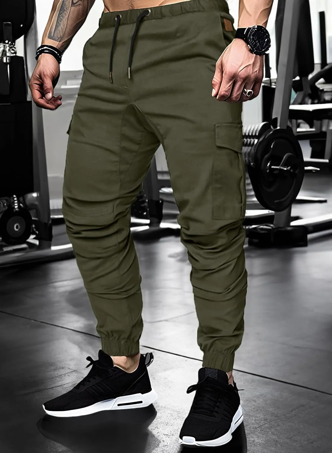 JMIERR Mens Fashion Cargo Pants - Casual Cotton Tapered Stretch Twill Drawstring Athletic Joggers Sweatpants with 6 Pockets