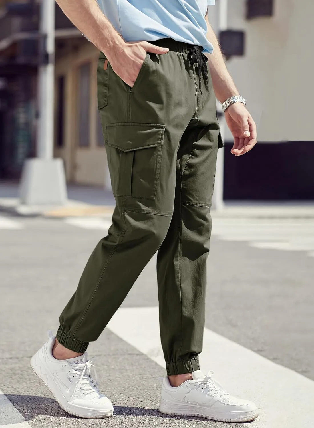 JMIERR Mens Fashion Cargo Pants - Casual Cotton Tapered Stretch Twill Drawstring Athletic Joggers Sweatpants with 6 Pockets