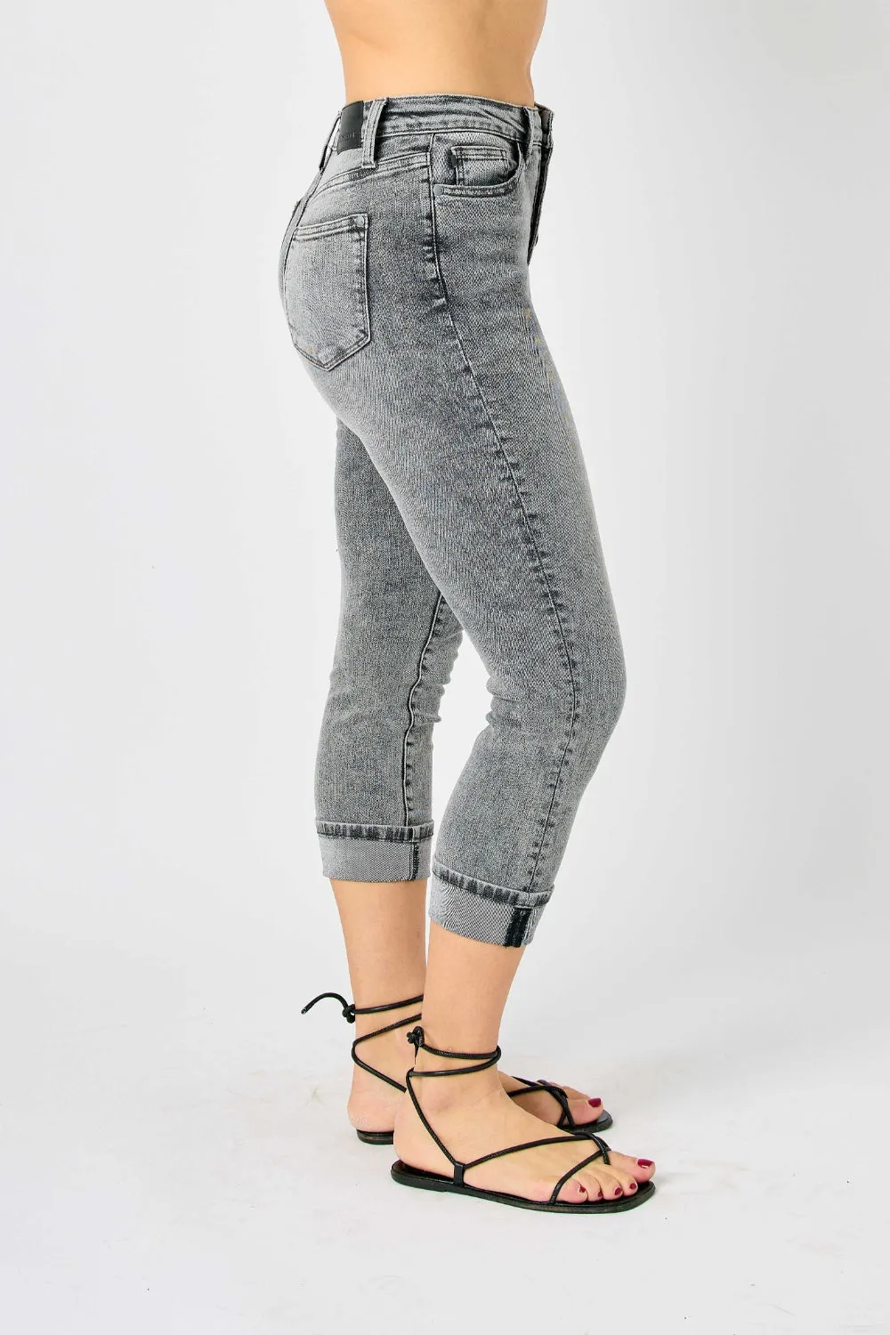 Judy Blue High Waist Button Fly Cuffed Capris in Gray