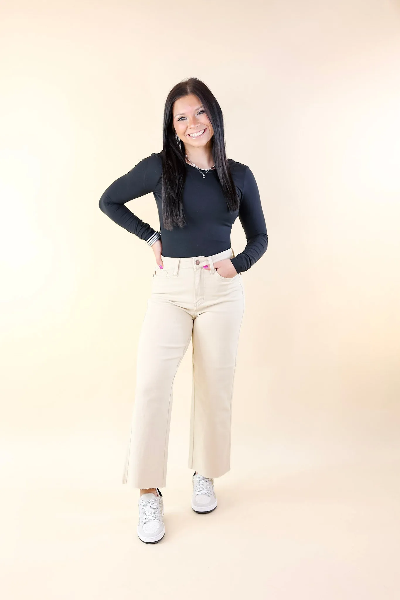 Judy Blue | Sign Me Up Tummy Control Cropped Wide Leg Jeans in Bone Cream