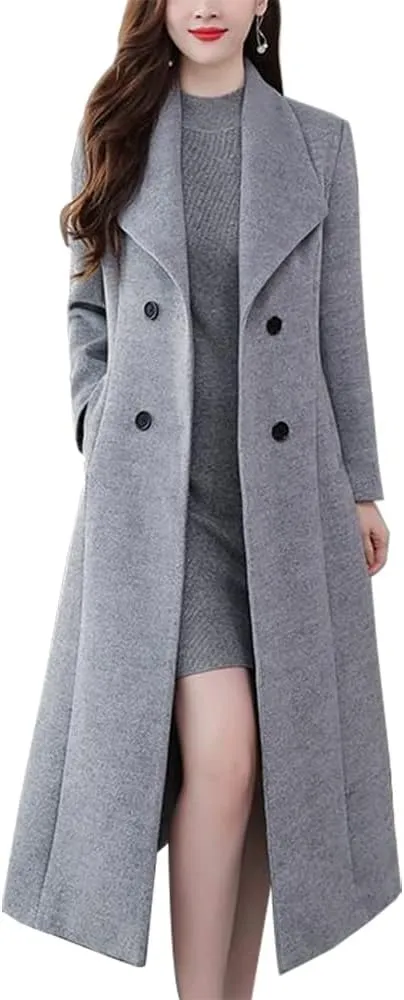 Kinghua Women's Double Breasted Wool Coats Winter Long Wool Pea Coat Overcoat