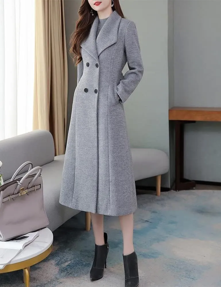 Kinghua Women's Double Breasted Wool Coats Winter Long Wool Pea Coat Overcoat