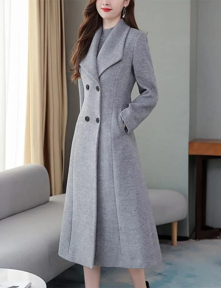 Kinghua Women's Double Breasted Wool Coats Winter Long Wool Pea Coat Overcoat