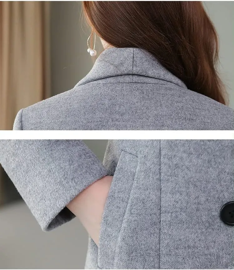 Kinghua Women's Double Breasted Wool Coats Winter Long Wool Pea Coat Overcoat